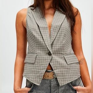 Free People Amber Belted Vest Women's Gray Plaid Sage Combo Olive Green Sz L